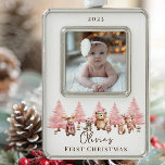 Woodland Baby's 1ST Christmas 2 Sided Photo Christmas Ornament<br><div class="desc">Simply perfect Baby's First Christmas ornament featuring a sweet watercolor baby forest scene with cute little woodland animals dressed in pink hats and scarfs.</div>