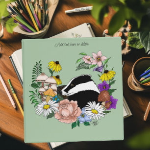 Woodland Badger Wildflowers Mushrooms Sage Green 3 Ring Binder