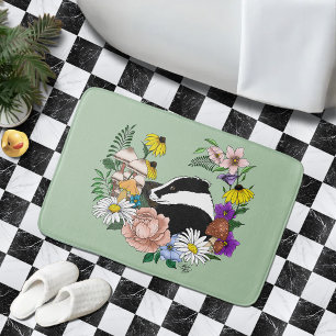Woodland Badger Wildflowers Mushrooms Sage Green Bath Mat