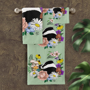 Woodland Badger Wildflowers Mushrooms Sage Green Bath Towel Set