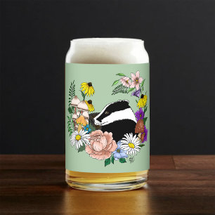 Woodland Badger Wildflowers Mushrooms Sage Green Can Glass