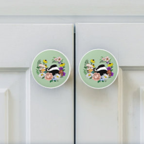 Woodland Badger Wildflowers Mushrooms Sage Green Ceramic Knob