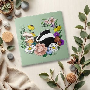 Woodland Badger Wildflowers Mushrooms Sage Green Ceramic Tile
