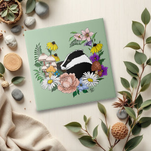 Woodland Badger Wildflowers Mushrooms Sage Green Ceramic Tile