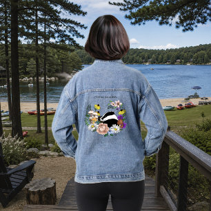 Woodland Badger Wildflowers Mushrooms Sage Green Denim Jacket