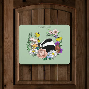 Woodland Badger Wildflowers Mushrooms Sage Green Door Sign