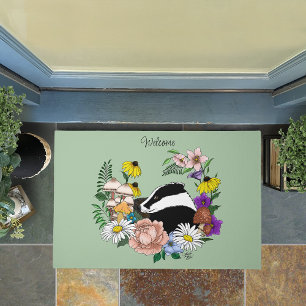 Woodland Badger Wildflowers Mushrooms Sage Green Doormat