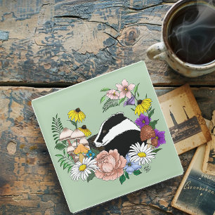 Woodland Badger Wildflowers Mushrooms Sage Green Glass Coaster