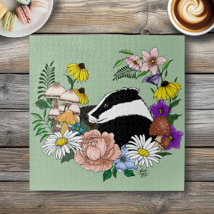 Woodland Badger Wildflowers Mushrooms Sage Green Jigsaw Puzzle