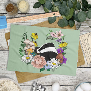 Woodland Badger Wildflowers Mushrooms Sage Green Kitchen Towel