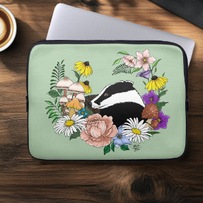 Woodland Badger Wildflowers Mushrooms Sage Green Laptop Sleeve