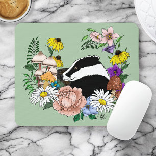 Woodland Badger Wildflowers Mushrooms Sage Green Mouse Pad