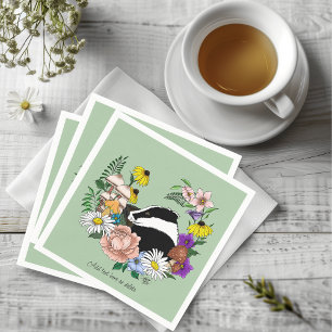 Woodland Badger Wildflowers Mushrooms Sage Green Napkins