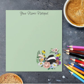 Woodland Badger Wildflowers Mushrooms Sage Green Notepad