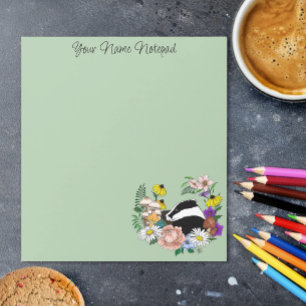Woodland Badger Wildflowers Mushrooms Sage Green Notepad