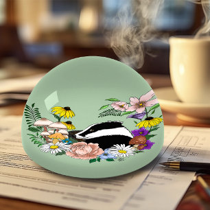 Woodland Badger Wildflowers Mushrooms Sage Green Paperweight