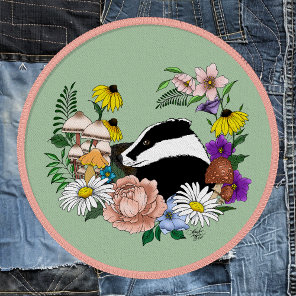 Woodland Badger Wildflowers Mushrooms Sage Green Patch