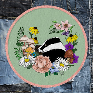 Woodland Badger Wildflowers Mushrooms Sage Green Patch