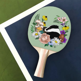 Woodland Badger Wildflowers Mushrooms Sage Green Ping Pong Paddle
