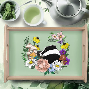 Woodland Badger Wildflowers Mushrooms Sage Green Serving Tray