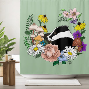 Woodland Badger Wildflowers Mushrooms Sage Green Shower Curtain