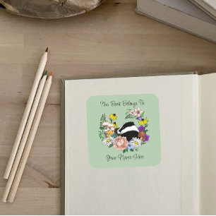 Woodland Badger Wildflowers Mushrooms Sage Green Square Sticker