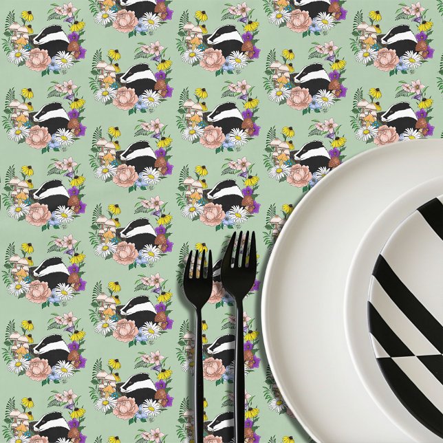 Woodland Badger Wildflowers Mushrooms Sage Green Tablecloth (Creator Uploaded)
