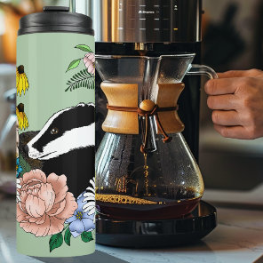 Woodland Badger Wildflowers Mushrooms Sage Green Thermal Tumbler