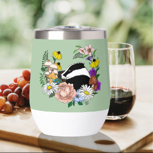 Woodland Badger Wildflowers Mushrooms Sage Green Thermal Wine Tumbler