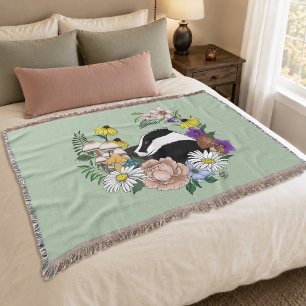 Woodland Badger Wildflowers Mushrooms Sage Green Throw Blanket