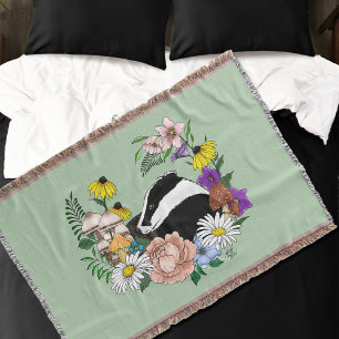 Woodland Badger Wildflowers Mushrooms Sage Green Throw Blanket