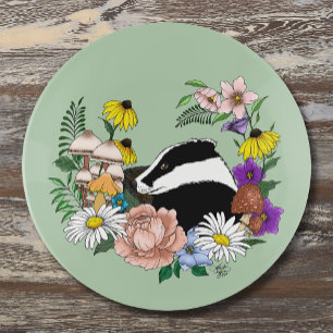 Woodland Badger Wildflowers Mushrooms Sage Green Trinket Tray