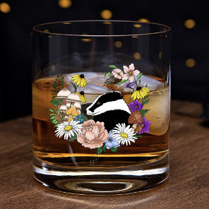 Woodland Badger Wildflowers Mushrooms Sage Green Whiskey Glass