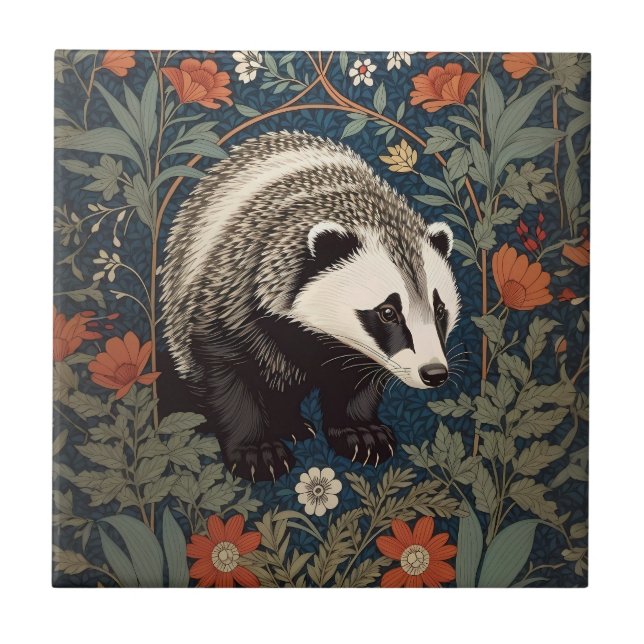 Woodland Badger William Morris Inspired Ceramic Tile (Front)