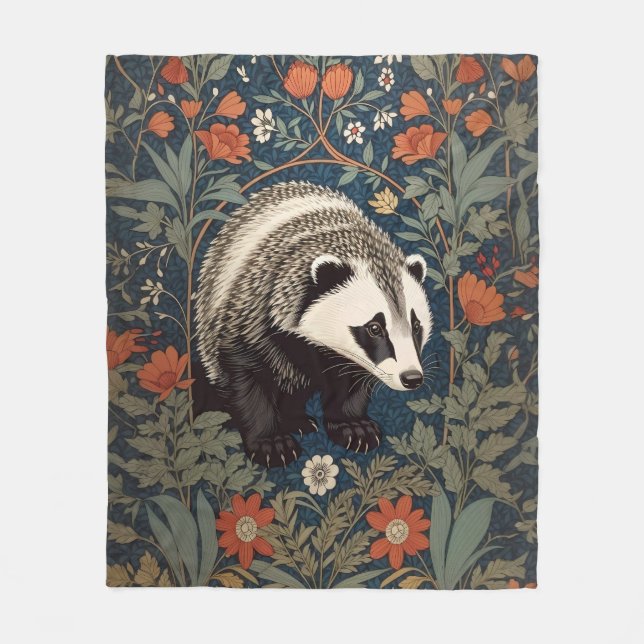 Woodland Badger William Morris Inspired Fleece Blanket (Front)