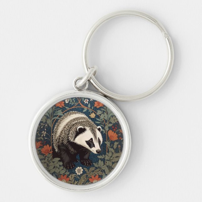 Woodland Badger William Morris Inspired Keychain (Front)