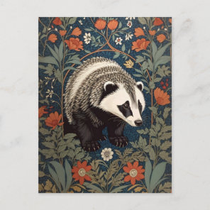 Woodland Badger William Morris Inspired Postcard