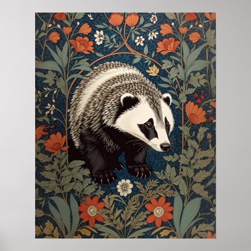 Woodland Badger William Morris Inspired Poster