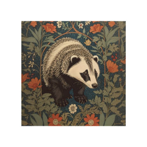 Woodland Badger William Morris Inspired Wood Wall Art