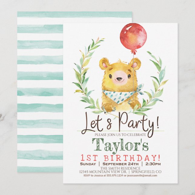 Woodland Bear 1st Birthday Party Invitation (Front/Back)