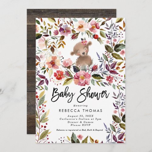 woodland bear and floral baby shower invitation