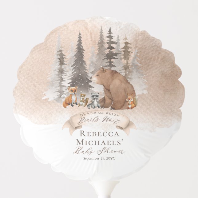Woodland Bear |Animals Bearly Wait Boy Baby Shower Balloon (Front)