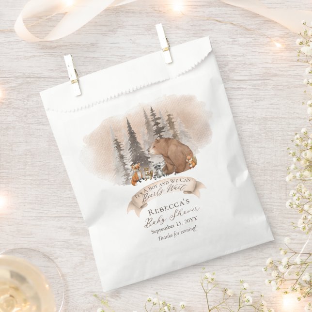 Woodland Bear |Animals Bearly Wait Boy Baby Shower Favor Bag (Clipped)