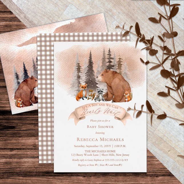 Woodland Bear |Animals Bearly Wait Boy Baby Shower Foil Invitation (Creator Uploaded)