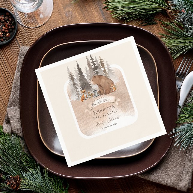 Woodland Bear |Animals Bearly Wait Boy Baby Shower Napkins (Rustic Woodland Bear and Forest Animals Boy "Bearly Wait" Baby Shower Paper Napkins)