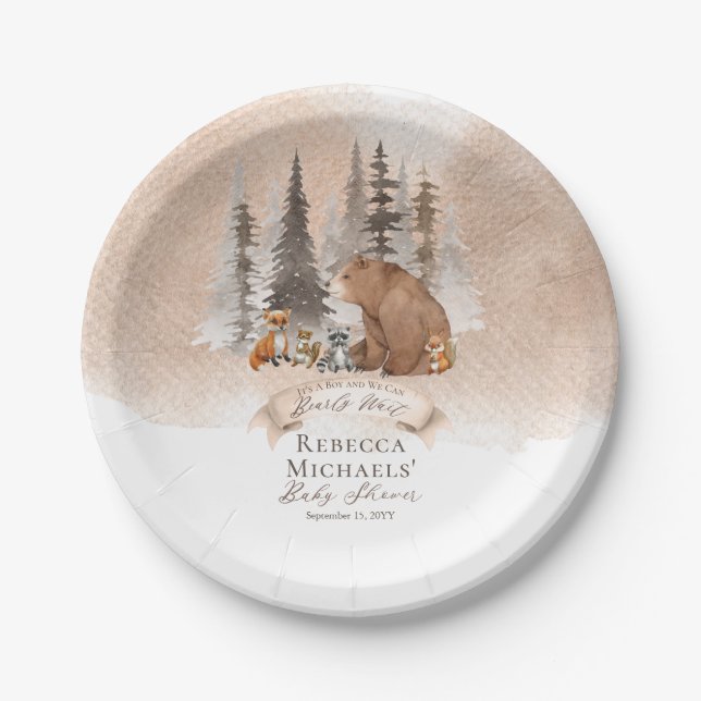 Woodland Bear |Animals Bearly Wait Boy Baby Shower Paper Plates (Front)