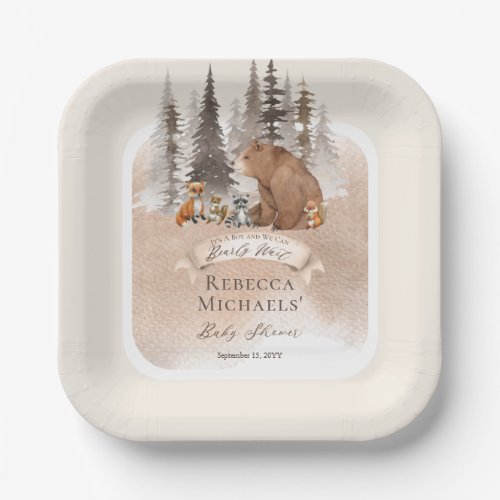 Woodland Bear Animals Bearly Wait Boy Baby Shower Paper Plates