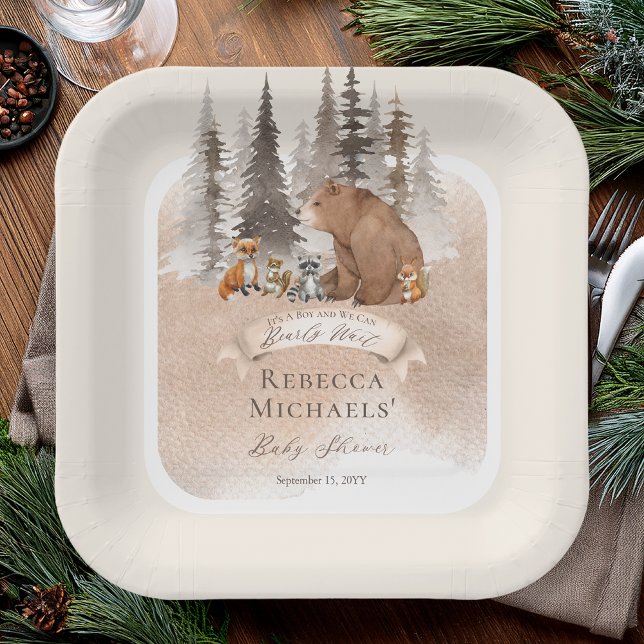 Woodland Bear |Animals Bearly Wait Boy Baby Shower Paper Plates (Rustic Woodland Bear and Forest Animals Boy "Bearly Wait" Baby Shower Square Paper Plates)