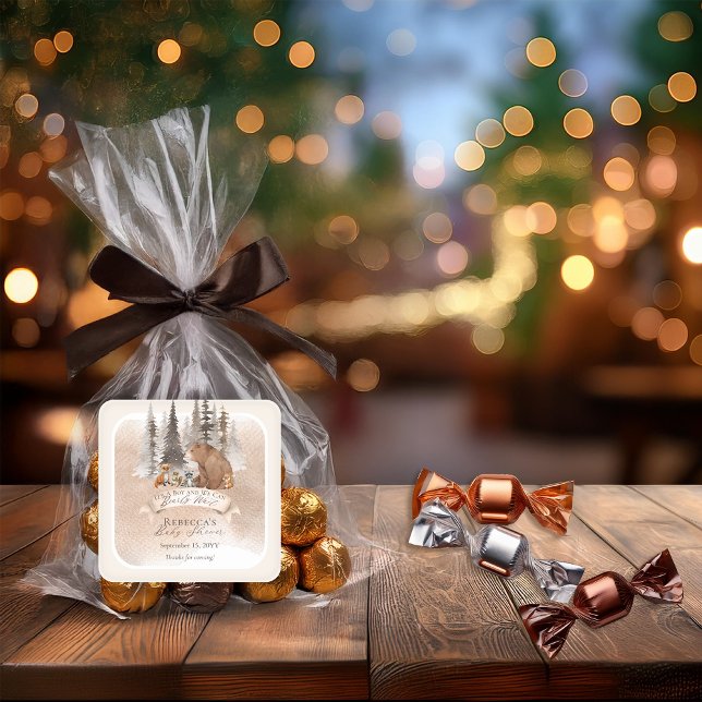 Woodland Bear |Animals Bearly Wait Boy Baby Shower Square Sticker (Rustic Woodland Bear and Forest Animals Boy "Bearly Wait" Baby Shower Thank You Favor Stickers)