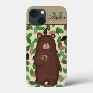 Woodland Bear Autumn Leaves Personalised iPhone 13 Mini Case
